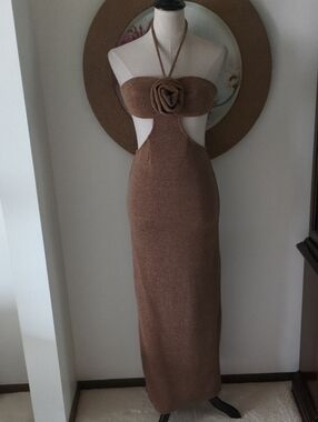 Dark Tan Halter Cutout Maxi Dress with Floral Accent